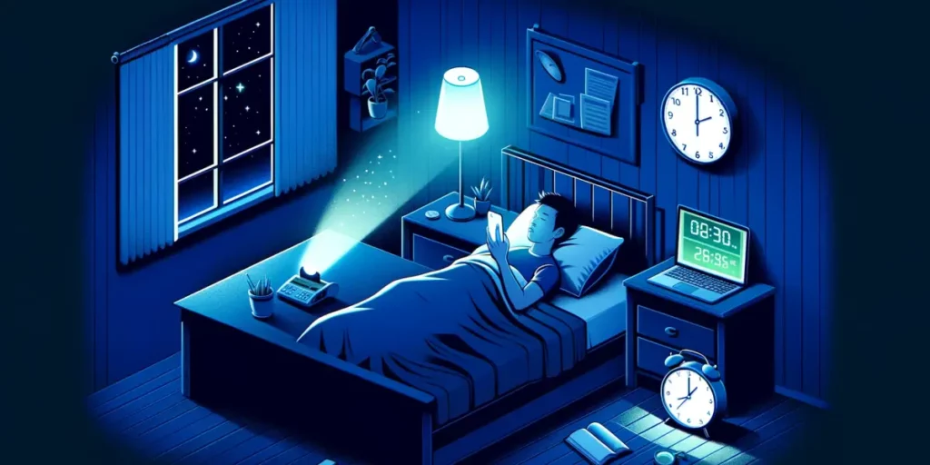 A bedroom at night illustrating the impact of digital device usage on sleep quality. The room is dimly lit, with a person lying in bed, looking at the