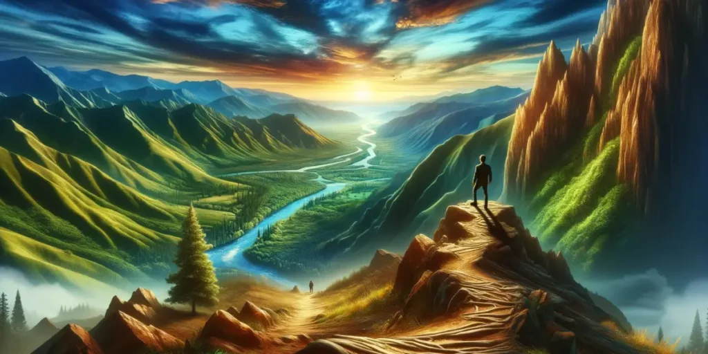 A breathtaking landscape illustrating the concept of gaining new perspectives through challenges. In the foreground, there's a rugged mountain path, s