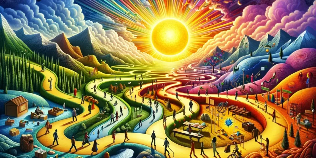 A conceptual image representing the diversity of answers, insight, and happiness. The scene shows a colorful, vibrant landscape with a variety of path