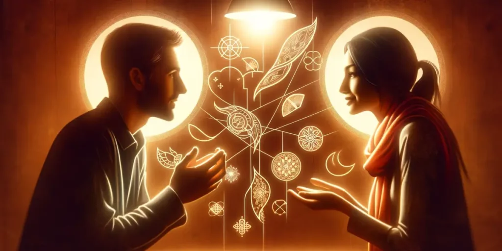 A digital illustration of two people from different cultural backgrounds engaged in a heartfelt conversation, with symbols of their respective culture