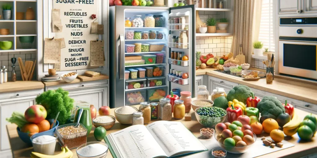 A high-definition wide image depicting a practical sugar intake reduction strategy. The image includes a kitchen counter with various healthy foods li