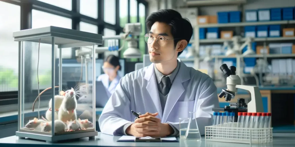 A photo depicting a laboratory setting where scientists are observing rats in an experiment, focusing on one scientist looking empathetically at a rat