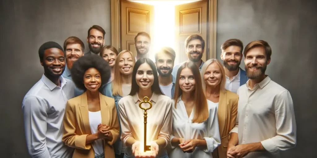 A photo of a diverse group of people of various genders and ethnicities, each holding a symbolic golden key. They are standing in front of an open doo