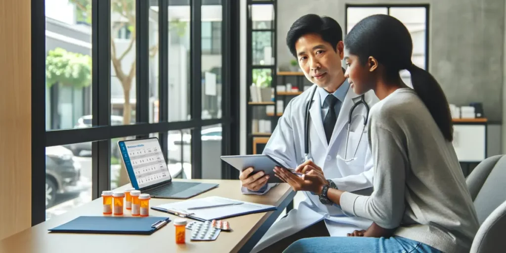 A photo of a patient consulting with a doctor in a modern, well-lit office. The doctor, an Asian male in his 40s, is dressed in a white coat and is ho