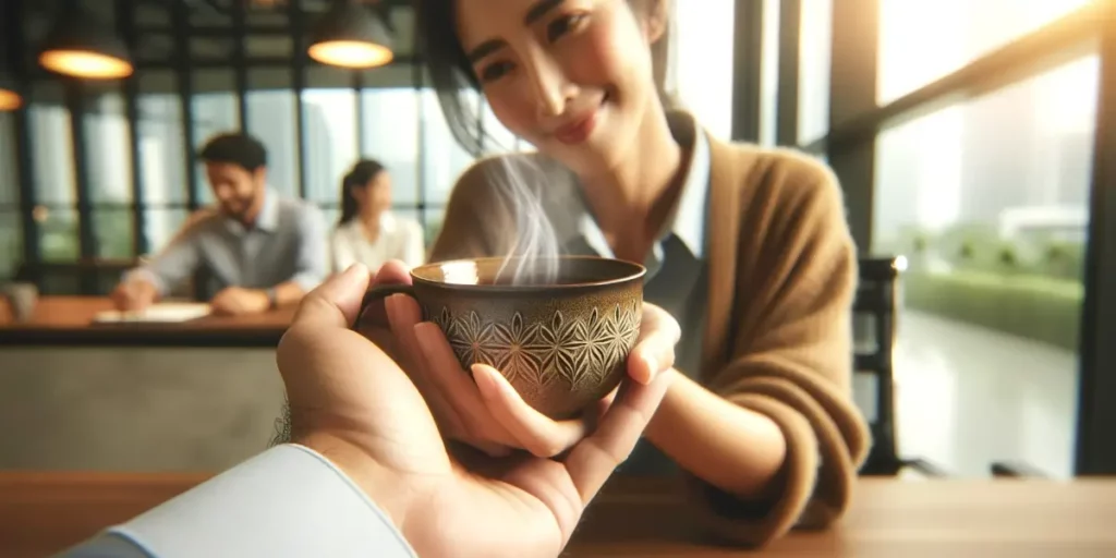 A photo of a person gently offering a steaming cup of tea to a weary colleague in a modern office setting. The background is blurred, focusing on the