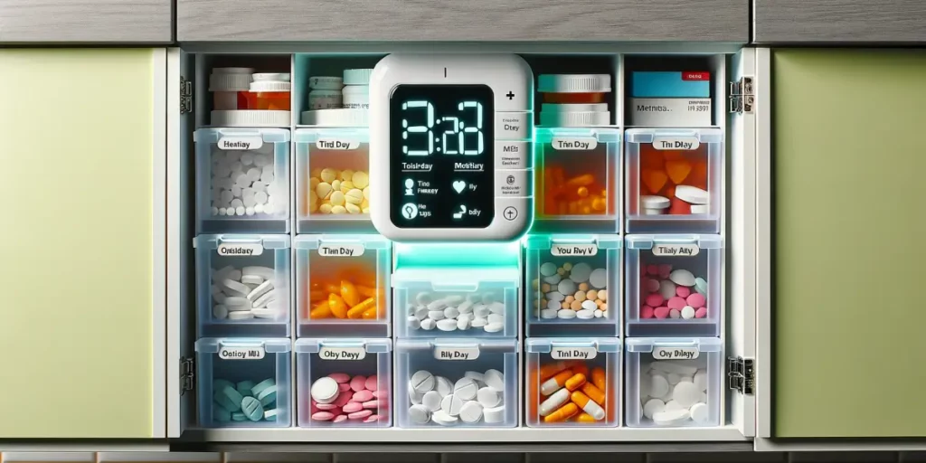 A photo of an organized medicine cabinet with various labeled compartments, each filled with different types of medication. The compartments are color