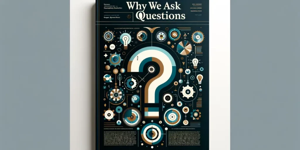 A scholarly paper cover with the title 'Why We Ask Questions' featuring abstract design elements that represent curiosity and inquiry, such as questio