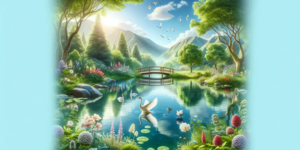 A serene and healing landscape that embodies the aesthetics of recovery. The scene includes a tranquil lake reflecting the clear blue sky, surrounded
