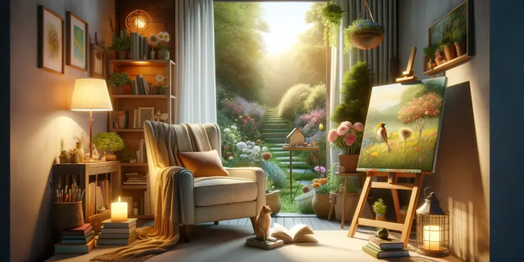 A serene and inviting scene showcasing various hobbies and relaxation activities. In the center, a cozy reading nook with a plush armchair, a stack of