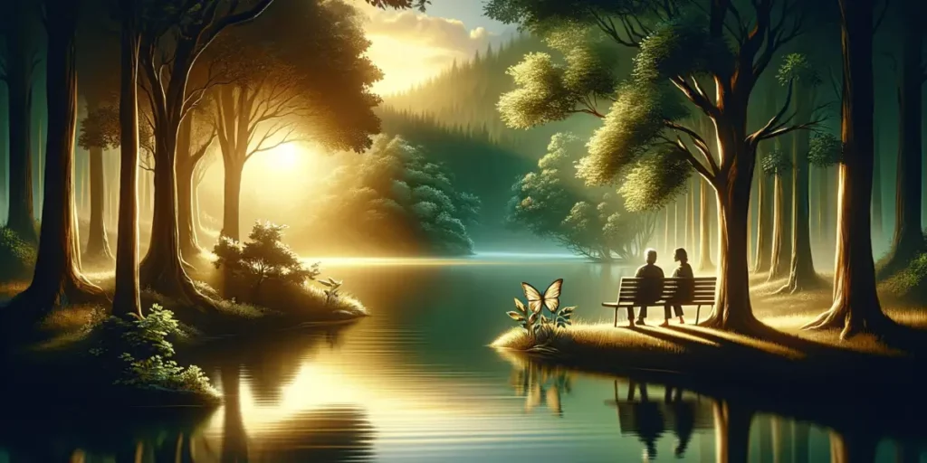 A serene and memorable image depicting the essence of good communication and understanding in relationships. The scene shows two individuals sitting o