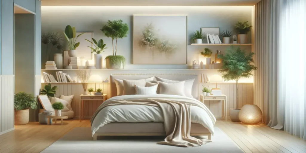 A serene and tranquil bedroom setting focusing on promoting sleep and health. The room is spacious and well-lit with soft, calming colors. A large, co