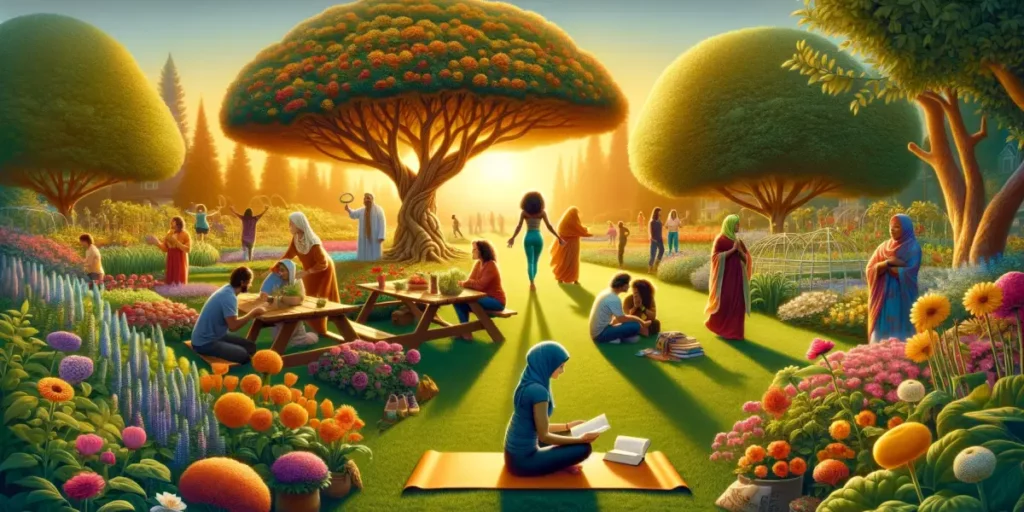 A serene and vibrant scene depicting the everyday practice of resilience in a harmonious setting. In the foreground, a person of South Asian descent,