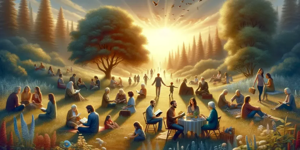 A serene landscape depicting a group of diverse people of various ages and ethnicities, engaging in meaningful activities that symbolize human connect