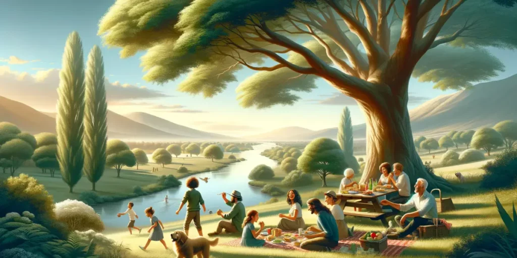 A serene landscape with a family enjoying a picnic under a large tree. The sky is clear and blue, with a few fluffy clouds. In the background, there a