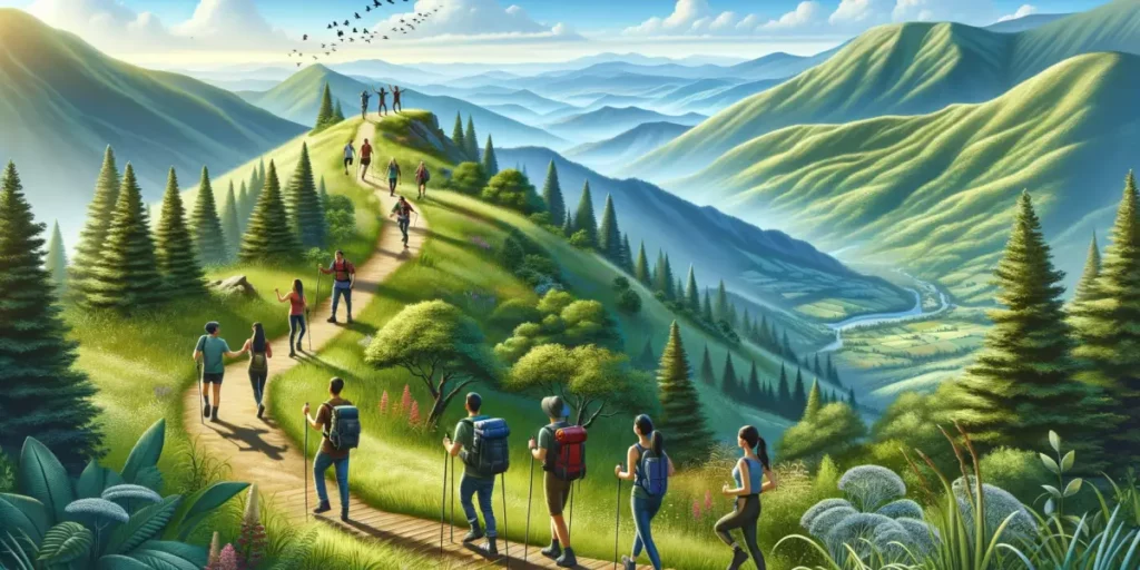 A serene mountain landscape, showcasing a hiking trail winding through lush greenery, leading to a scenic summit. In the foreground, a diverse group o