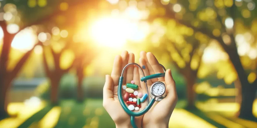 A serene photo of a person's hand holding a variety of hypertension medication pills, with a blurred background of a sunny park symbolizing a healthy