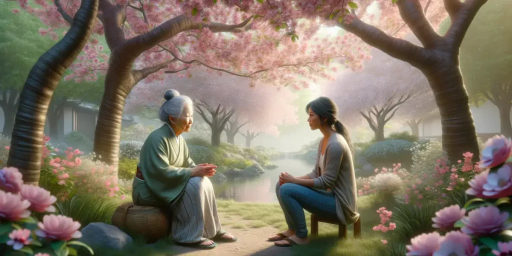 A serene scene depicting a wise, elderly Asian woman sitting under a cherry blossom tree in a peaceful garden. She is gently offering advice to a youn