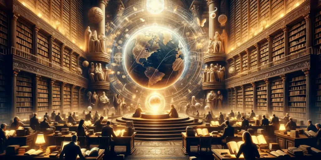 A symbolic representation of the accumulation of knowledge and wisdom, enabling the progress of humanity. The scene features an ancient library filled