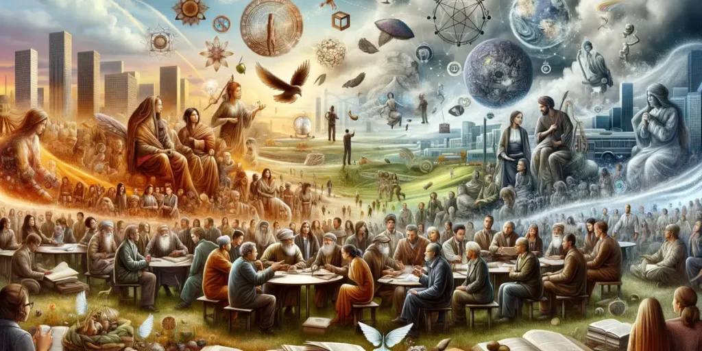 A symbolic representation of the harmony between past wisdom and present knowledge, signifying a sustainable future. The scene depicts a diverse group