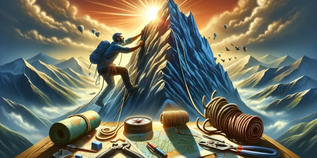A symbolic representation of the importance of effort for valuable achievements. The scene depicts a large mountain, symbolizing the challenge, with a
