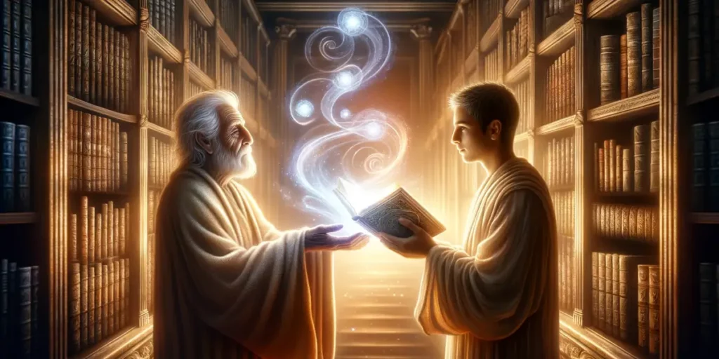 A symbolic representation of the transmission of wisdom and the importance of intergenerational communication. The scene is set in a serene, timeless