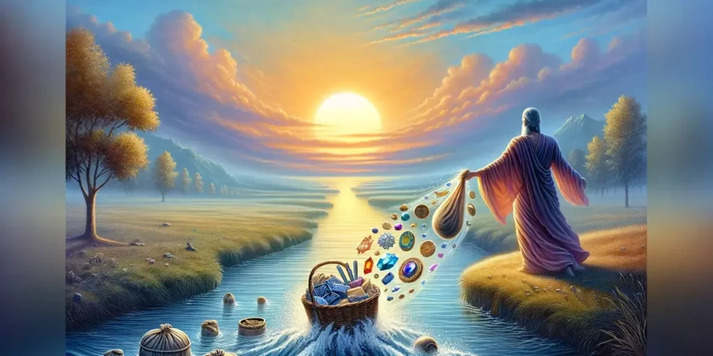 A symbolic representation of wisdom in letting go of attachments and possessiveness. The scene depicts a serene landscape with a river gently flowing