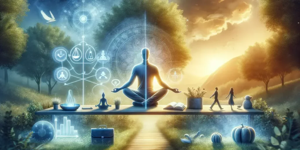 A tranquil and serene scene depicting the concept of balance and harmony in life. The image shows a person meditating in a peaceful natural setting, s