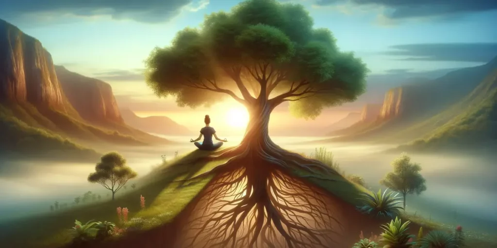 A tranquil scene depicting resilience and personal growth. Imagine a serene landscape with a robust tree at the center, symbolizing strength and resil