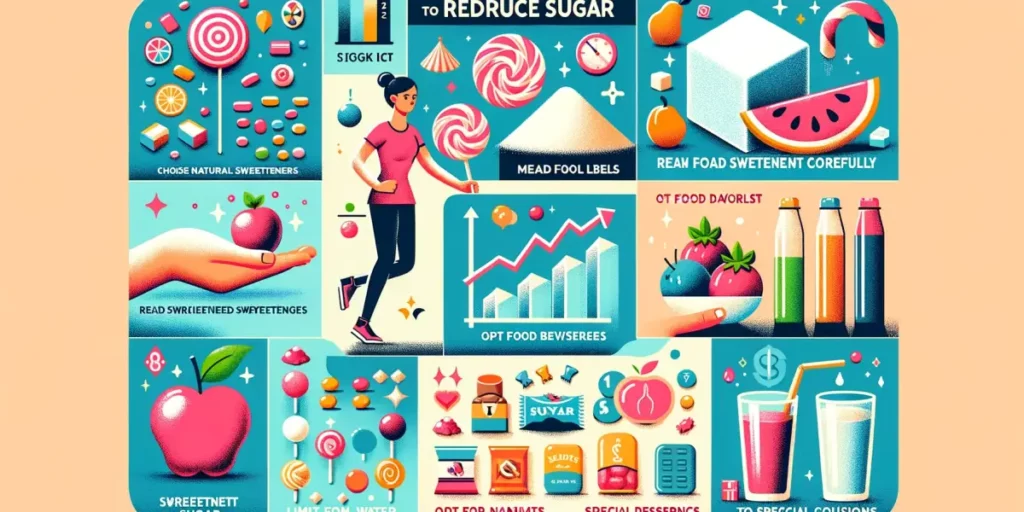 A visually engaging infographic titled 'Steps to Reduce Sugar Intake', featuring icons and illustrations such as a person pushing away a giant sugar c