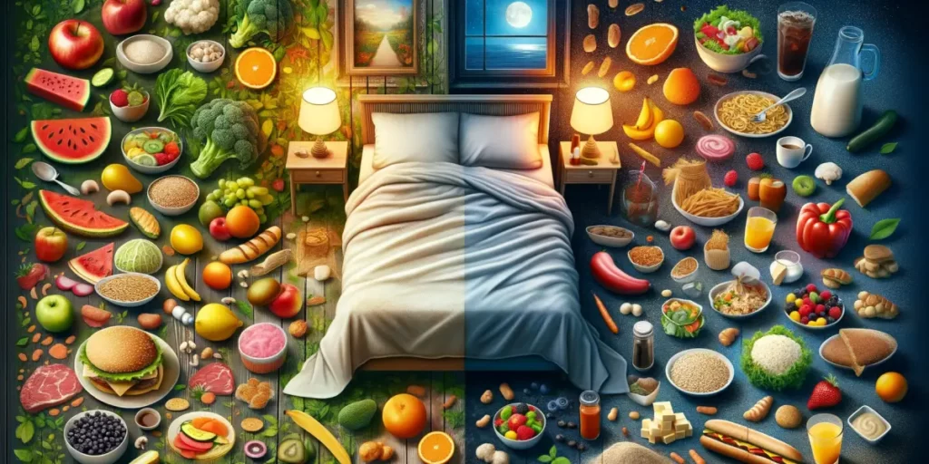 A visually informative and creative representation of the relationship between dietary habits and sleep. The image should divide the scene into two ha