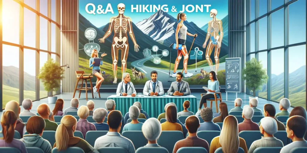 A visually informative illustration depicting a Q&A session about hiking and joint health. The scene shows a panel of experts, including an orthopedic