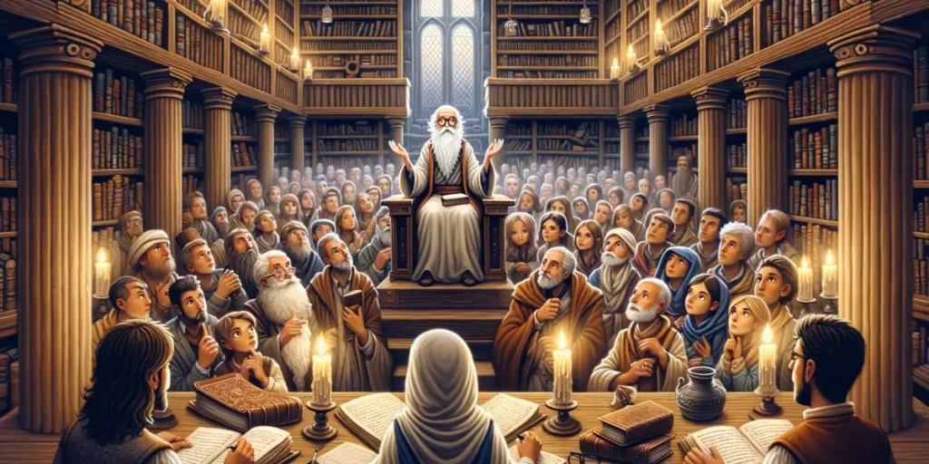 A whimsical illustration depicting a Q&A session focused on knowledge and wisdom. The scene is set in an ancient library filled with tall, overflowing