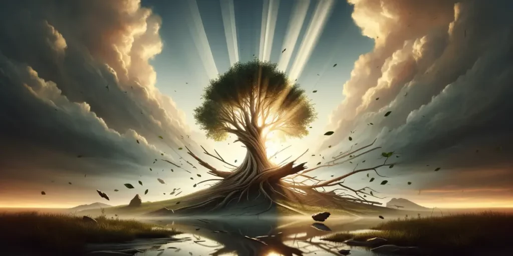 An abstract representation of resilience. The image depicts a serene landscape with a strong tree standing in the center. The tree has weathered a rec