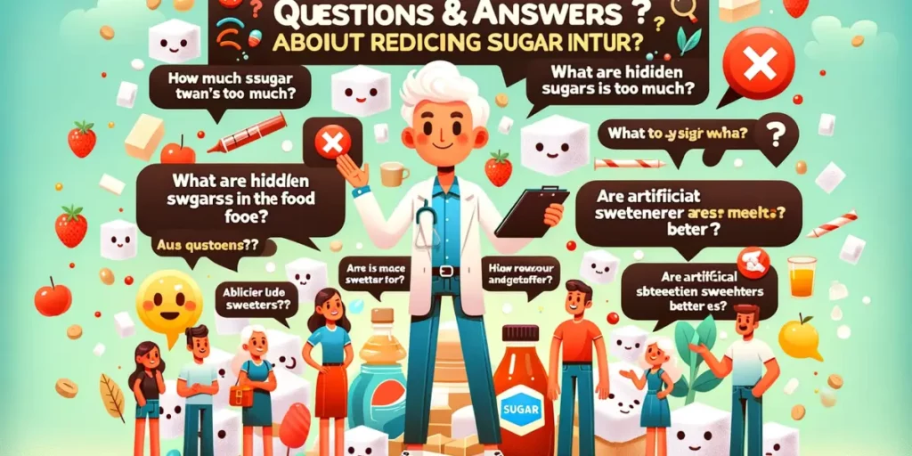 An engaging Q&A format infographic with the theme 'Questions & Answers About Reducing Sugar Intake'. The image features an animated character, a nutri
