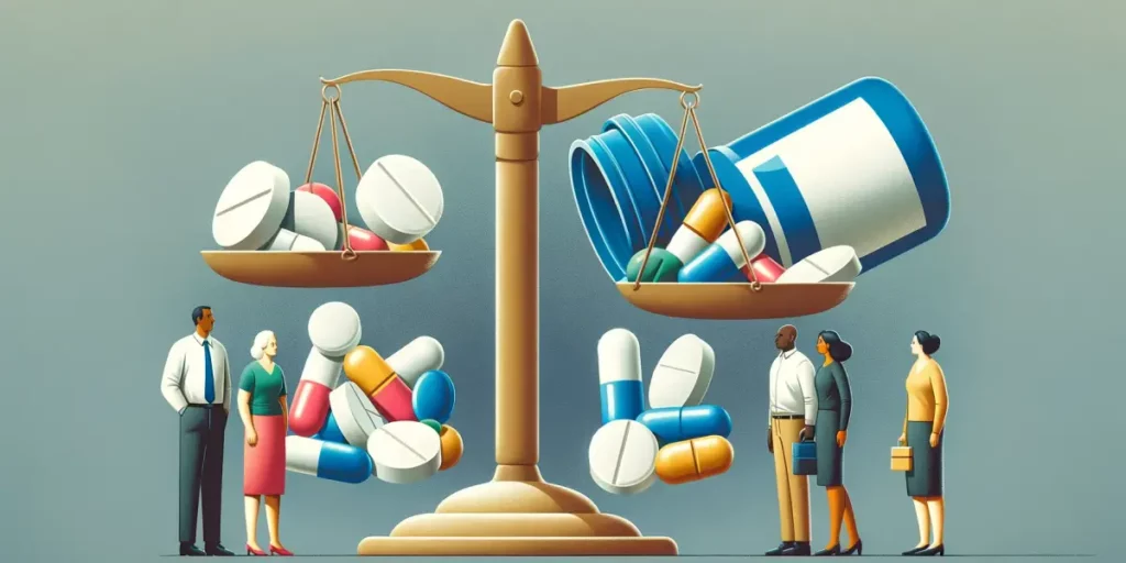An illustration of a diverse group of people standing in front of a giant pill bottle that is pouring out a variety of medications onto a large scale