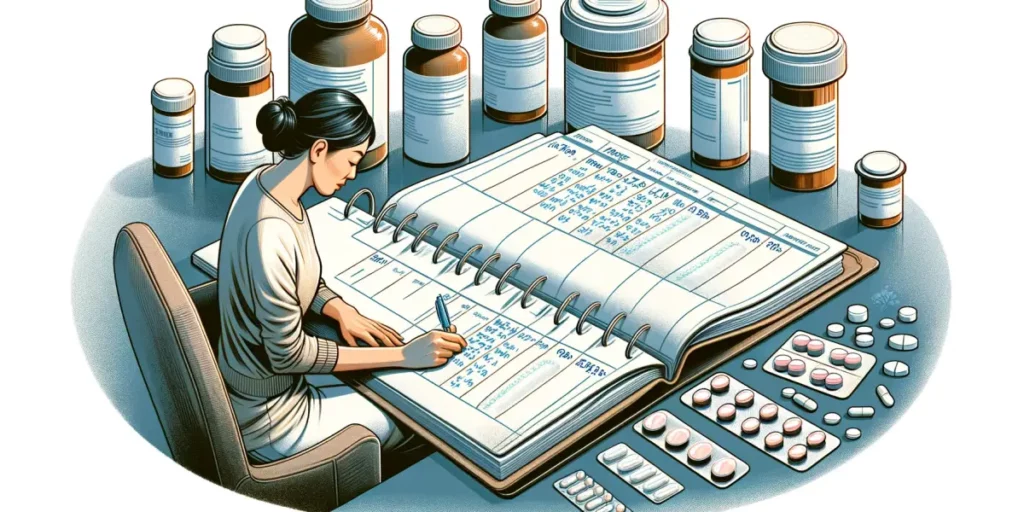 An illustration of a person sitting at a desk, surrounded by various medication bottles and a large, open planner. The person, a middle-aged Asian fem