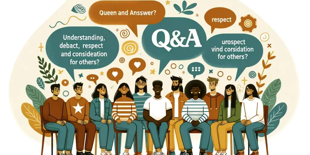 An illustration of a question and answer session with diverse individuals of different genders and ethnicities. They are depicted in a friendly, engag