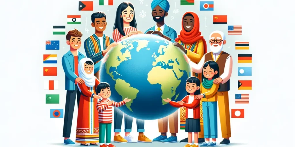 An illustration showing a diverse group of people from different cultural backgrounds gathered around a globe, symbolizing intercultural relations. Th