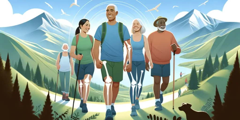 An illustration showing the positive impact of hiking on joint health. The image features a serene mountain landscape with a clear sky, where a divers