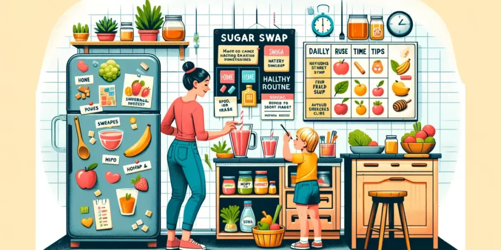 An illustrative wide image showcasing habits for reducing sugar intake in everyday life. The image features a family kitchen scene where a parent is t