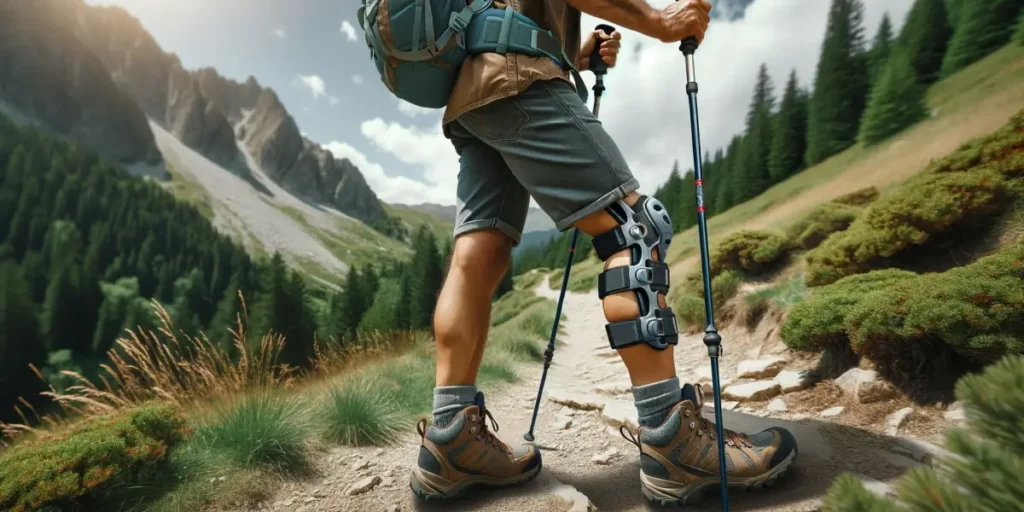 An image illustrating practical tips for protecting joints during hiking. The scene shows a hiker wearing knee braces and using trekking poles on a mo