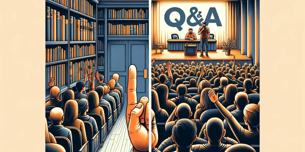 An image split in two parts_ 1. The first part shows a scene in a library where one person is subtly signaling another not to ask a question, perhaps