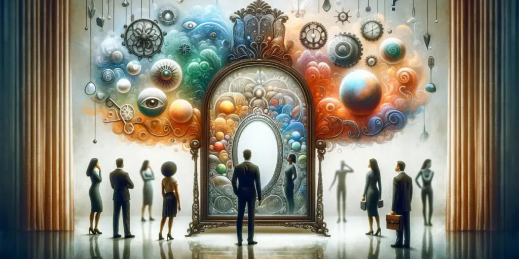 An imaginative and symbolic representation of 'Conversation in front of a mirror_ Questions of self-reflection'. This image should show a diverse rang