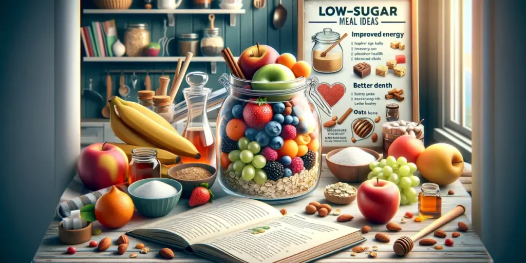An informative illustration focusing on healthy eating habits, featuring a clear glass jar filled with various colorful fruits and nuts as a healthy a