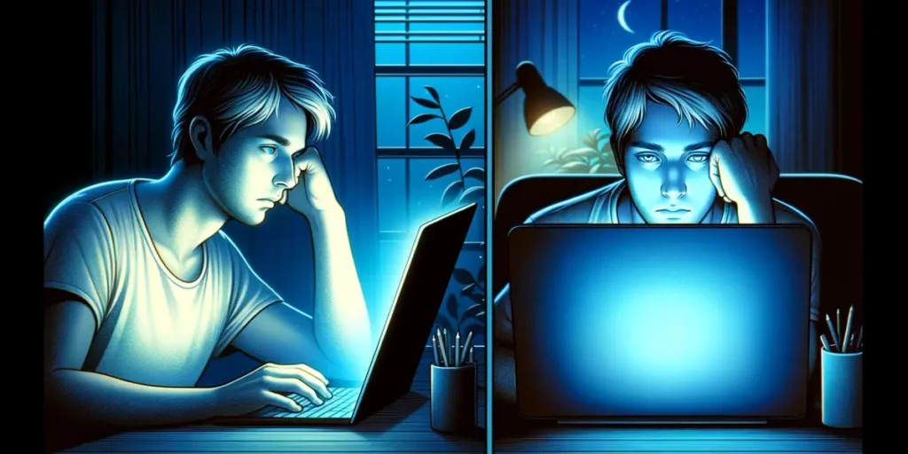 An informative image for a Q&A session about the benefits of blue light blocking for better sleep. The image should feature a split-screen design. On