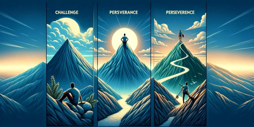 An inspirational image depicting the themes of challenge, perseverance, and stress management. The first scene shows a person standing at the base of