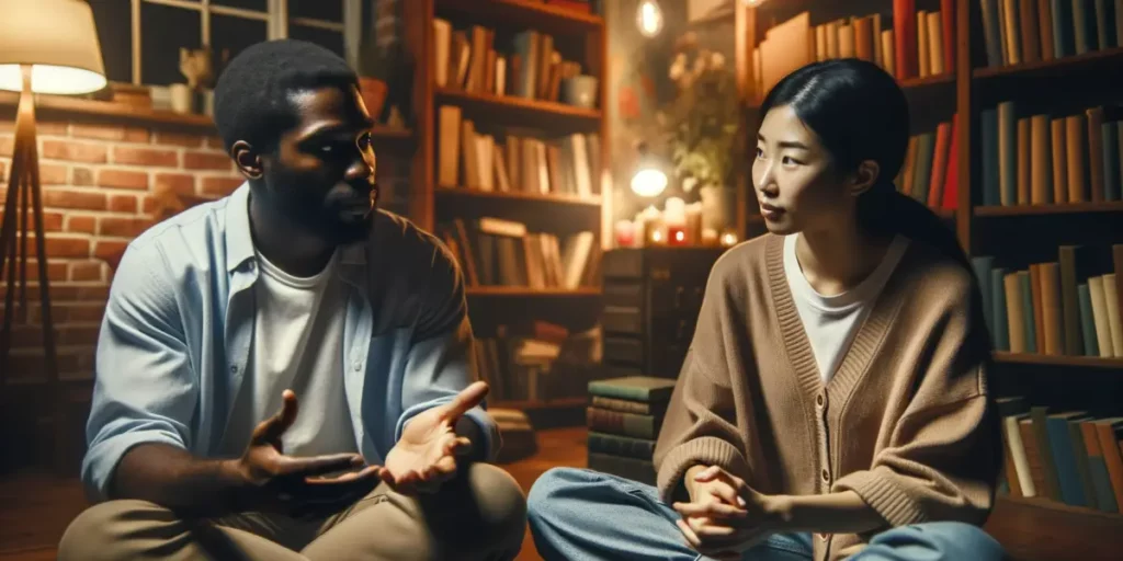 Photo of two people, one with East Asian descent and the other with African descent, sitting across from each other in a cozy room filled with books a