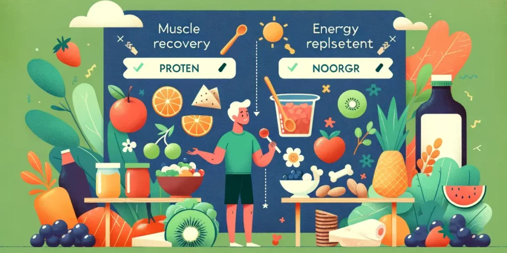 A captivating and approachable illustration highlighting the importance of proper nutrition after exercise. The image should depict a scenario where a