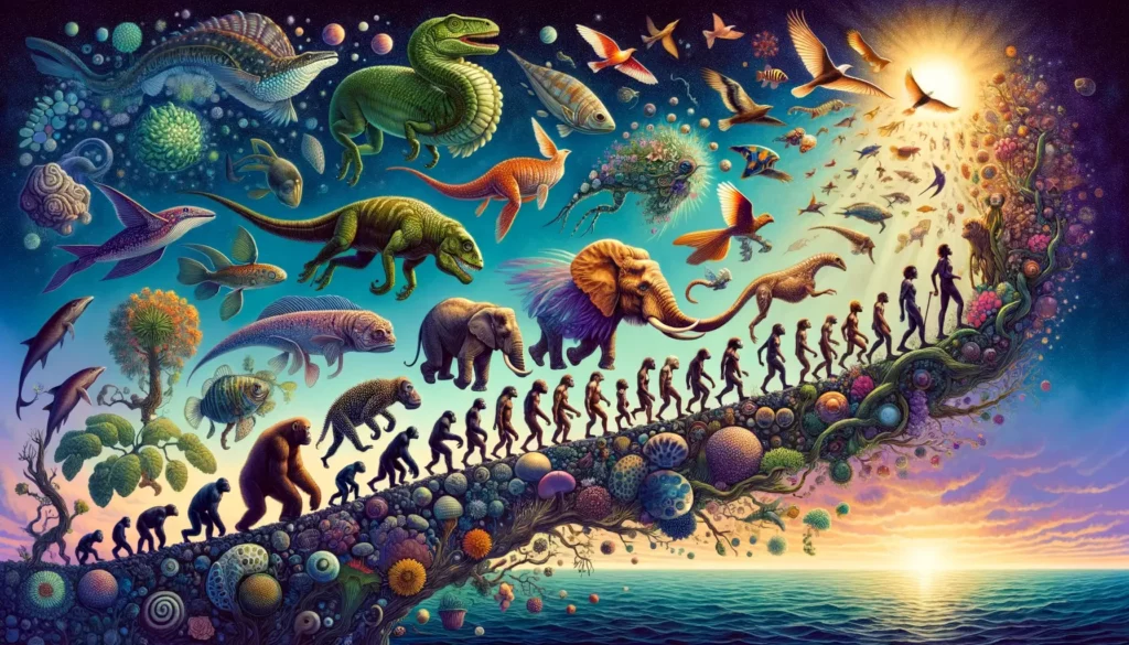 A captivating and memorable illustration depicting the evolution of life on Earth. This horizontal, wide image should convey the awe-inspiring journey