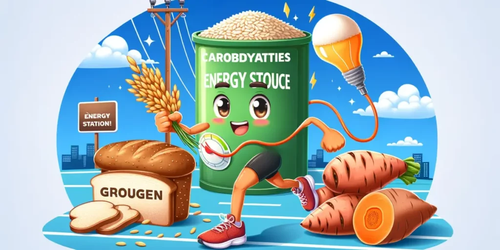 A charming and approachable illustration highlighting carbohydrates as an energy source. The image should be memorable and suitable for a representati